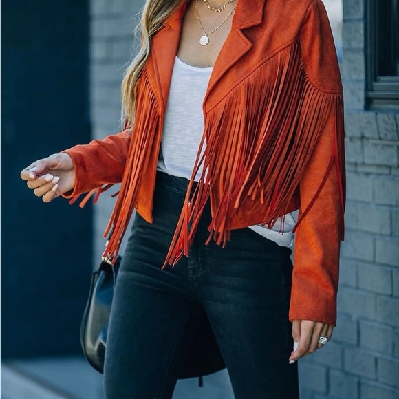 Orange Boho Tassel faux suede women fringe jacket long sleeve jacket - Picture 7 of 11